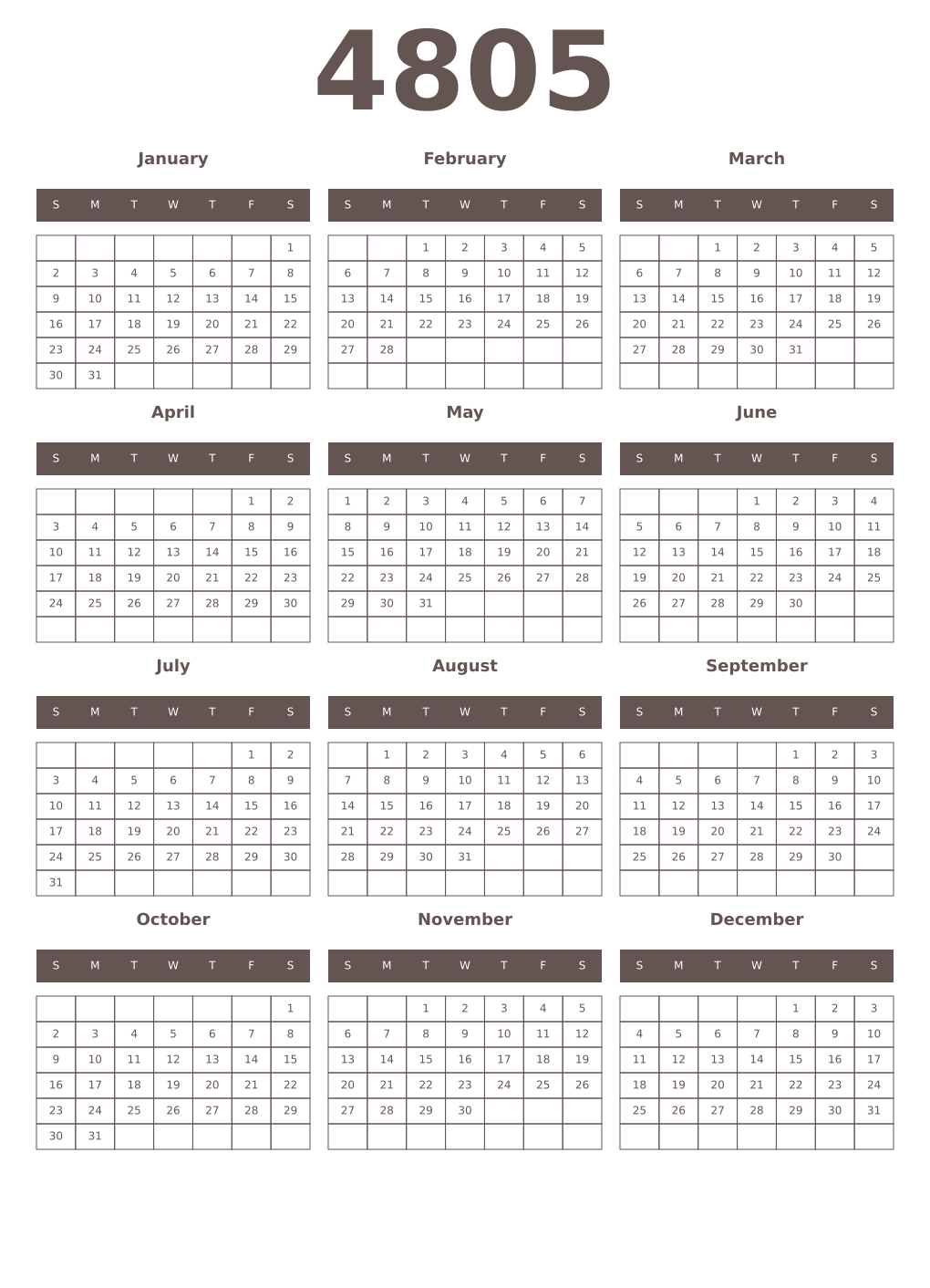 Printable 4805 Year Calendars wenge