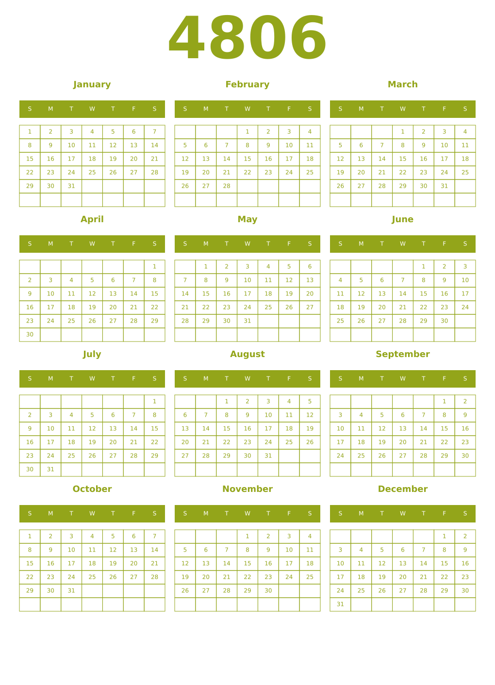 Printable 4806 Year Calendars chartreuse