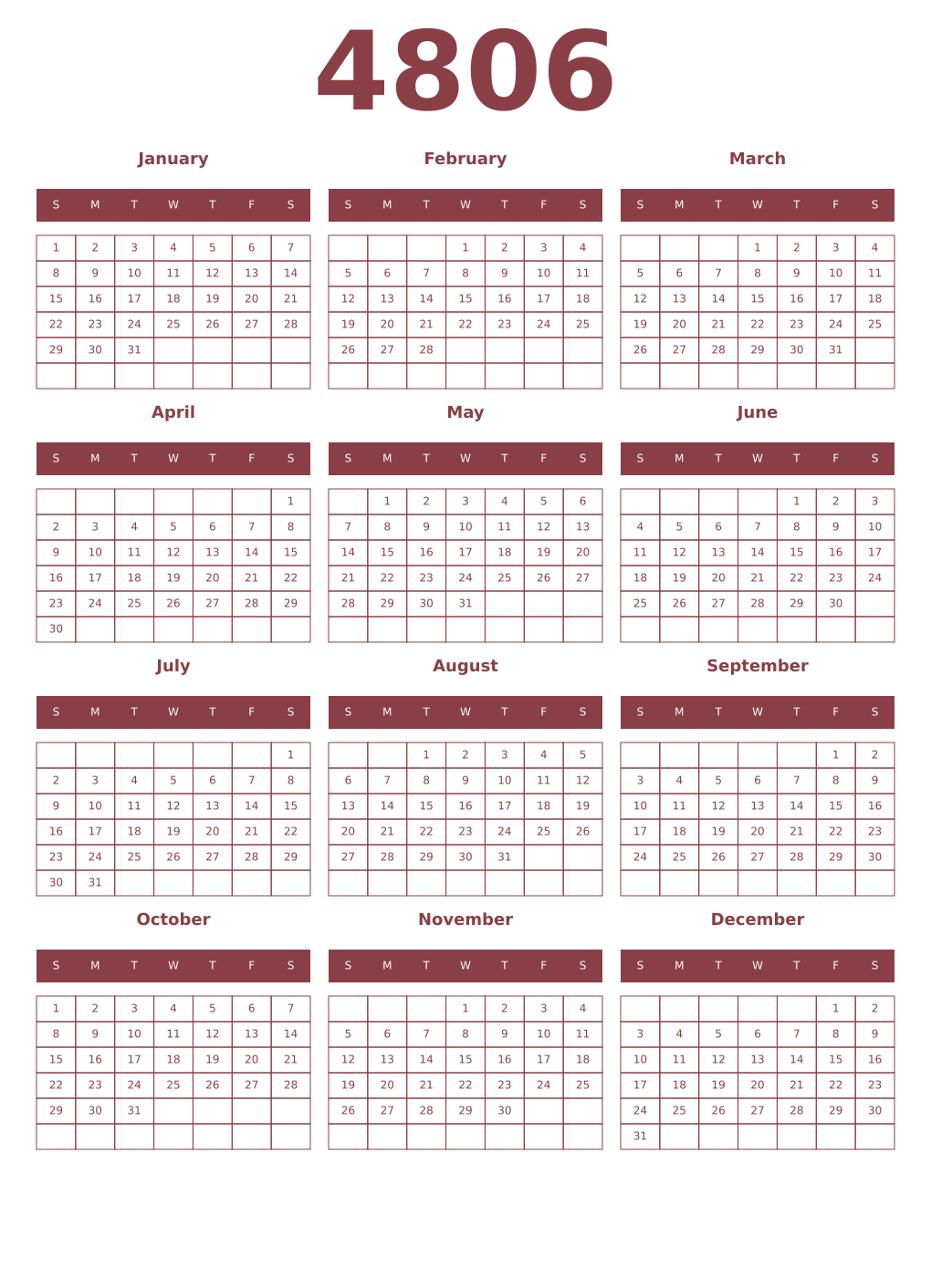 Printable 4806 Year Calendars cordovan