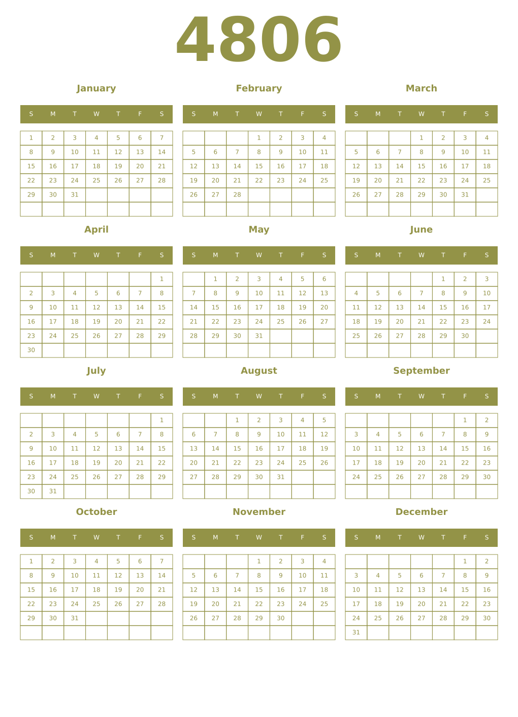 Printable 4806 Year Calendars eburnean