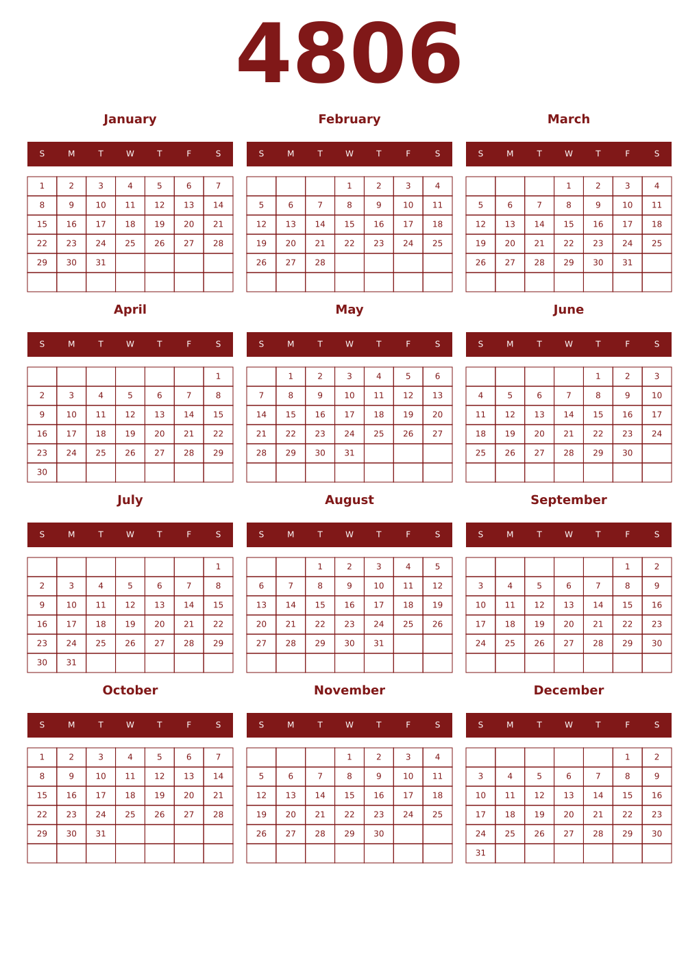 Printable 4806 Year Calendars falu