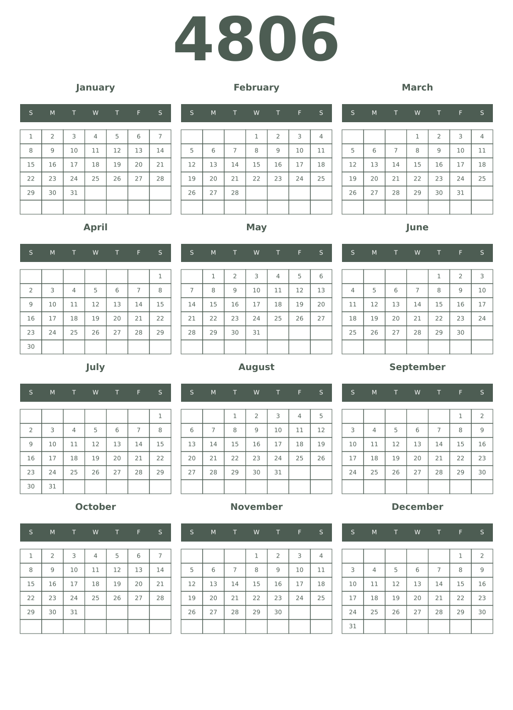 Printable 4806 Year Calendars feldgrau