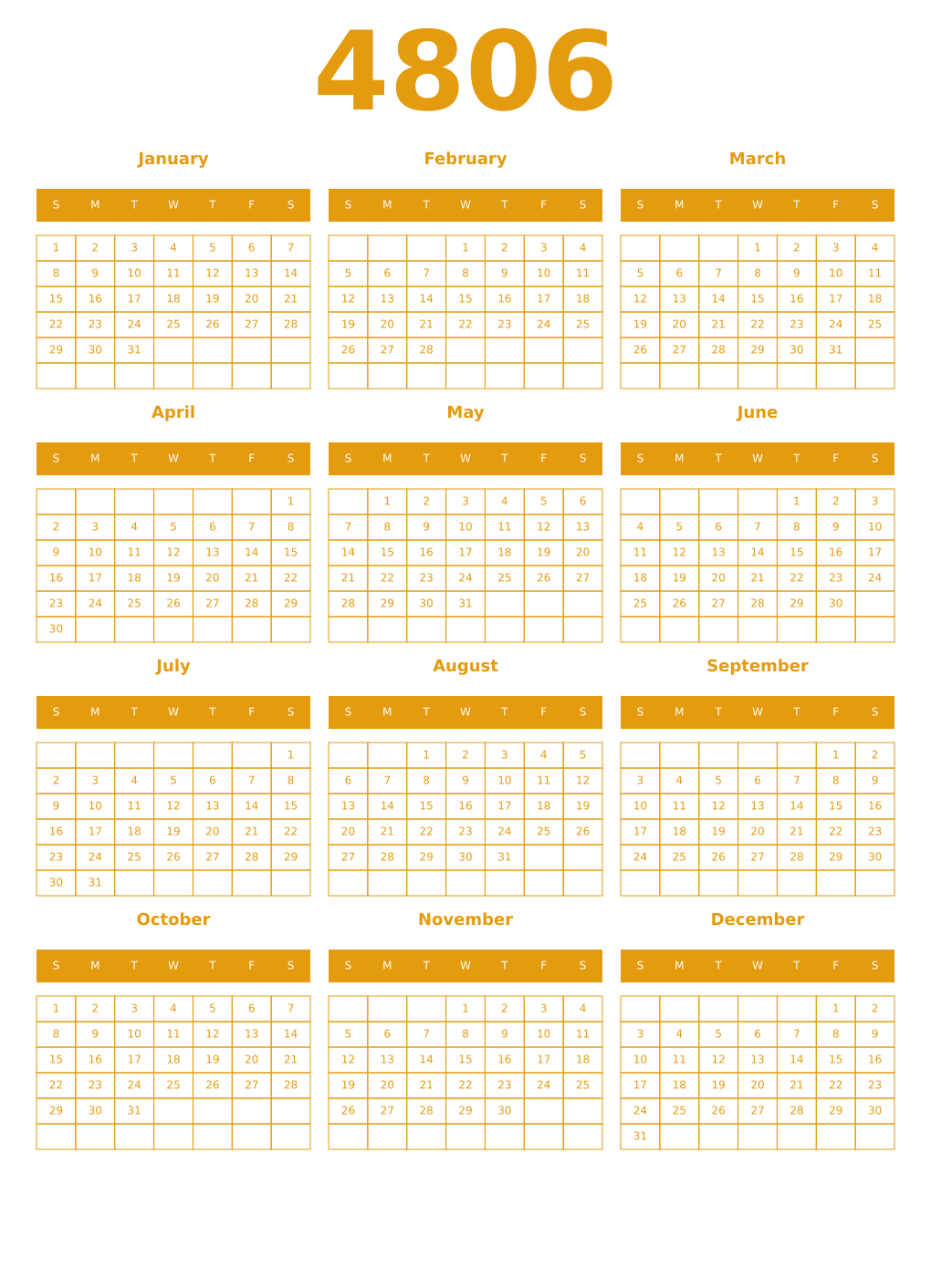 Printable 4806 Year Calendars gamboge