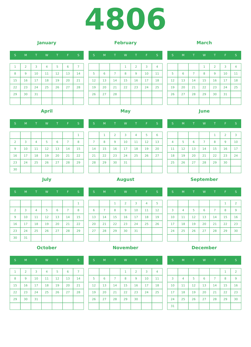 Printable 4806 Year Calendars green