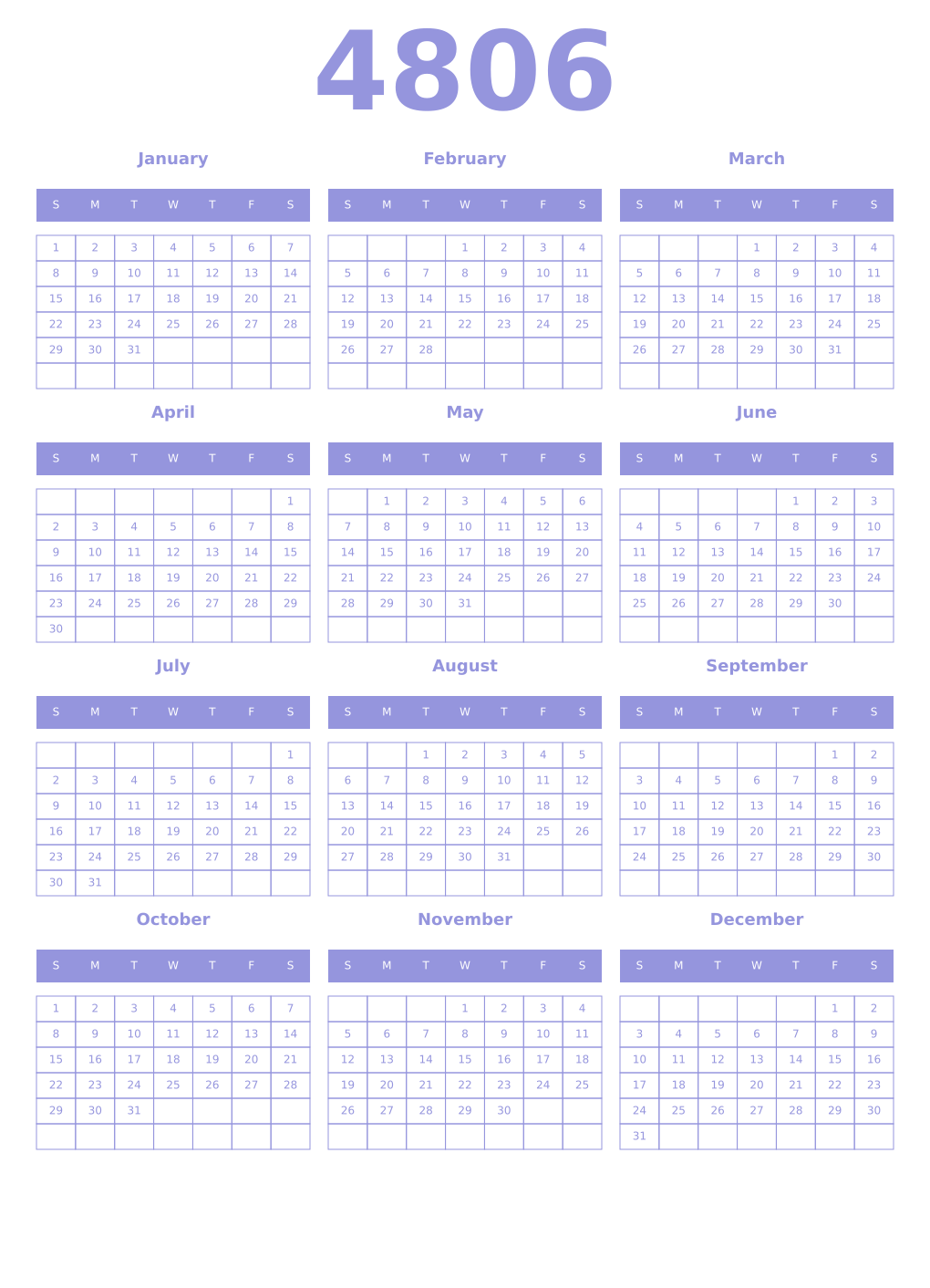 Printable 4806 Year Calendars periwinkle