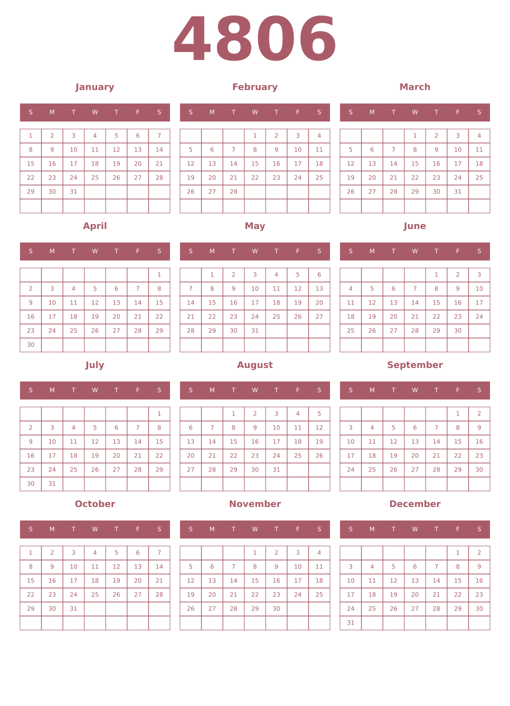 Printable 4806 Year Calendars puce