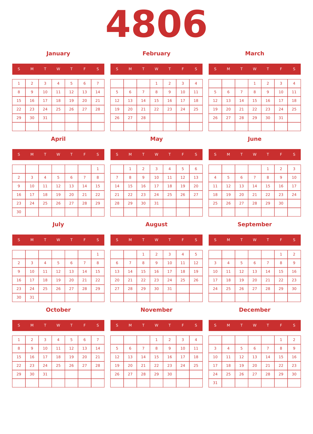 Printable 4806 Year Calendars red