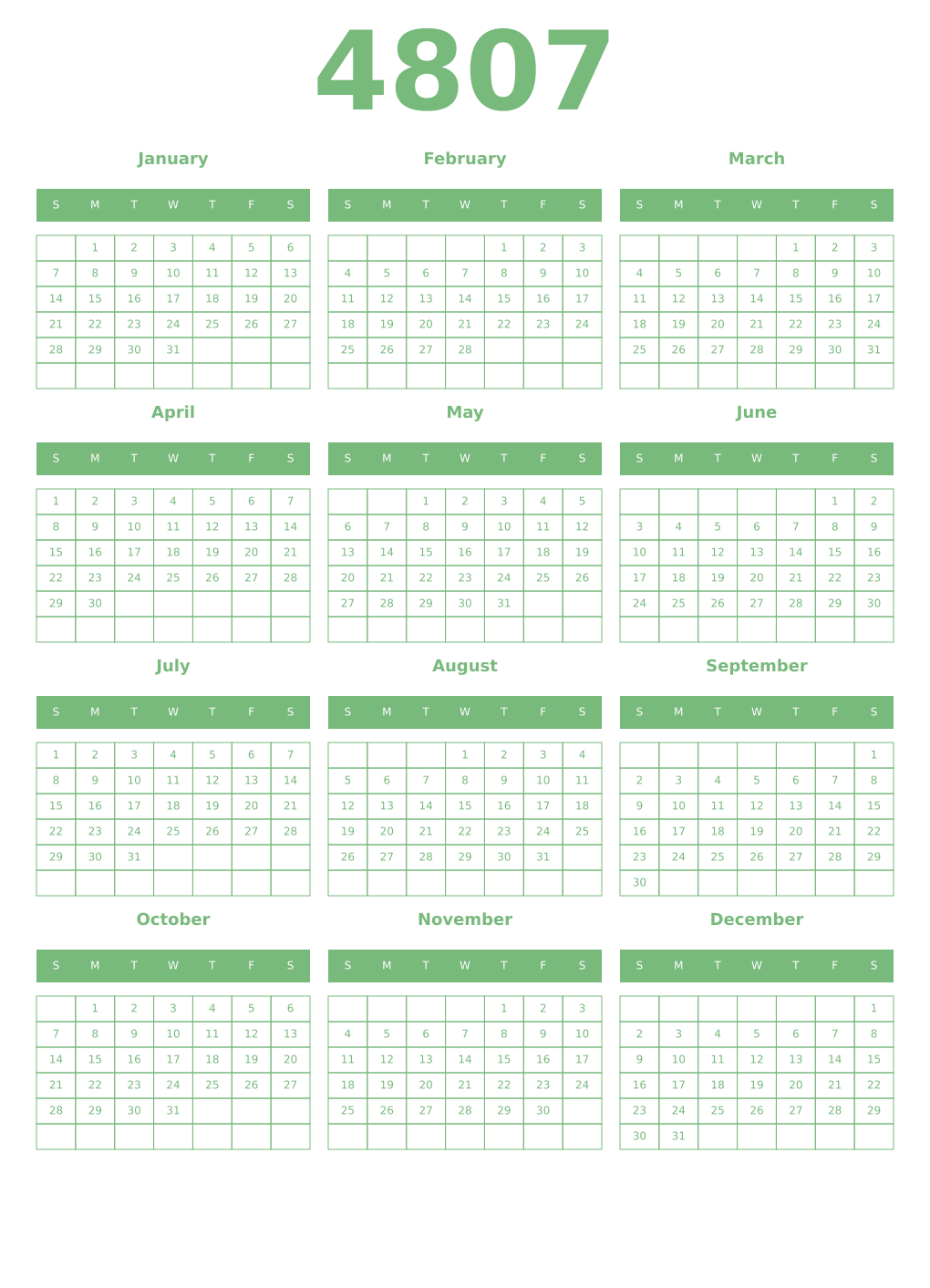Printable 4807 Year Calendars celadon