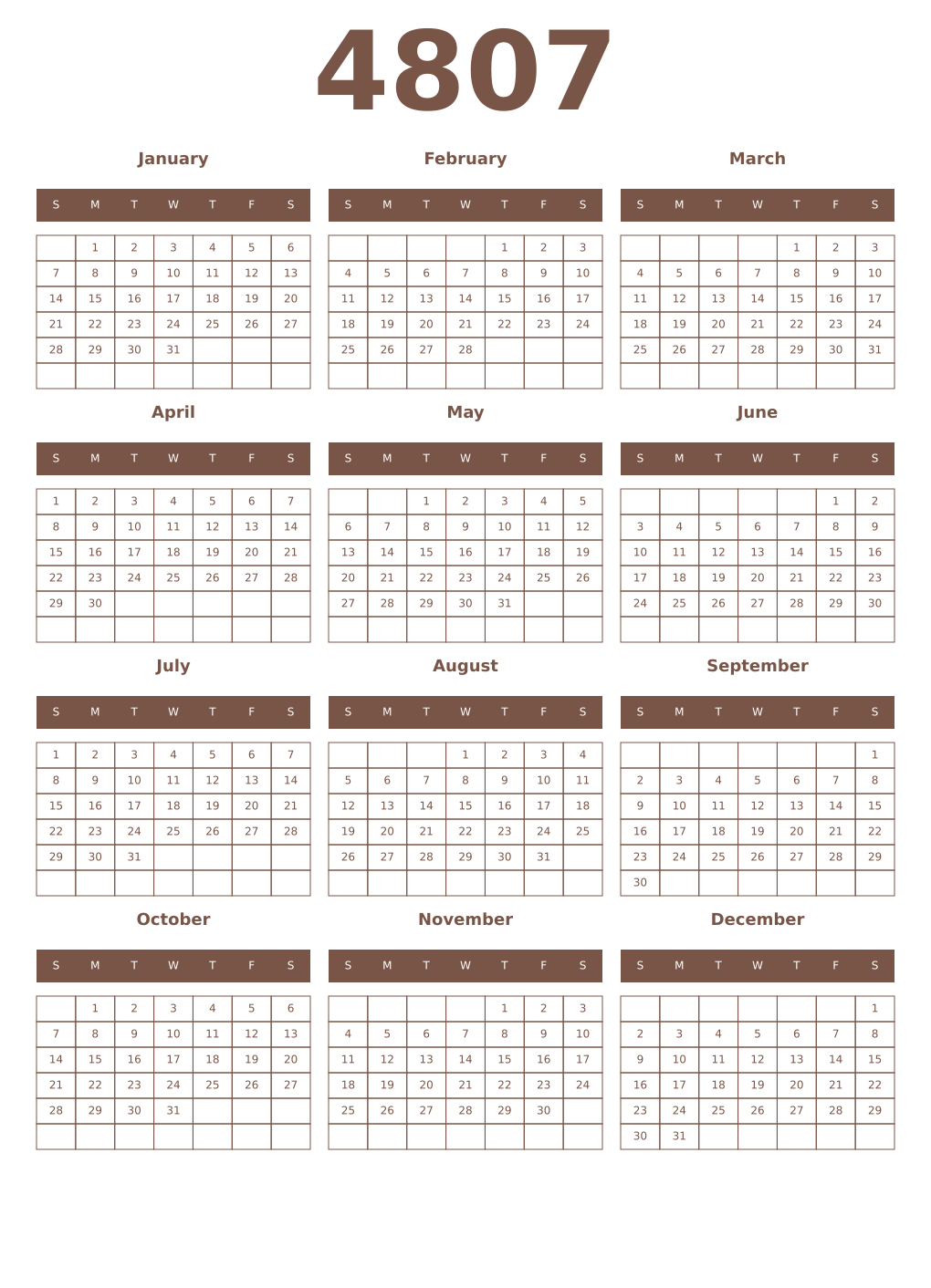 Printable 4807 Year Calendars coffe
