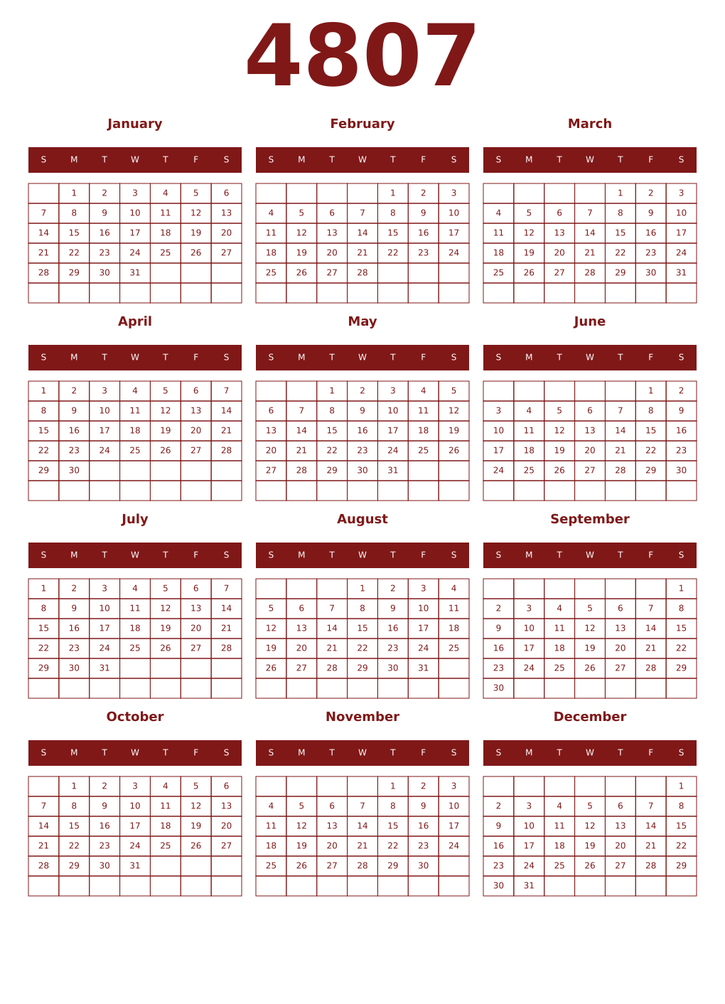 Printable 4807 Year Calendars falu