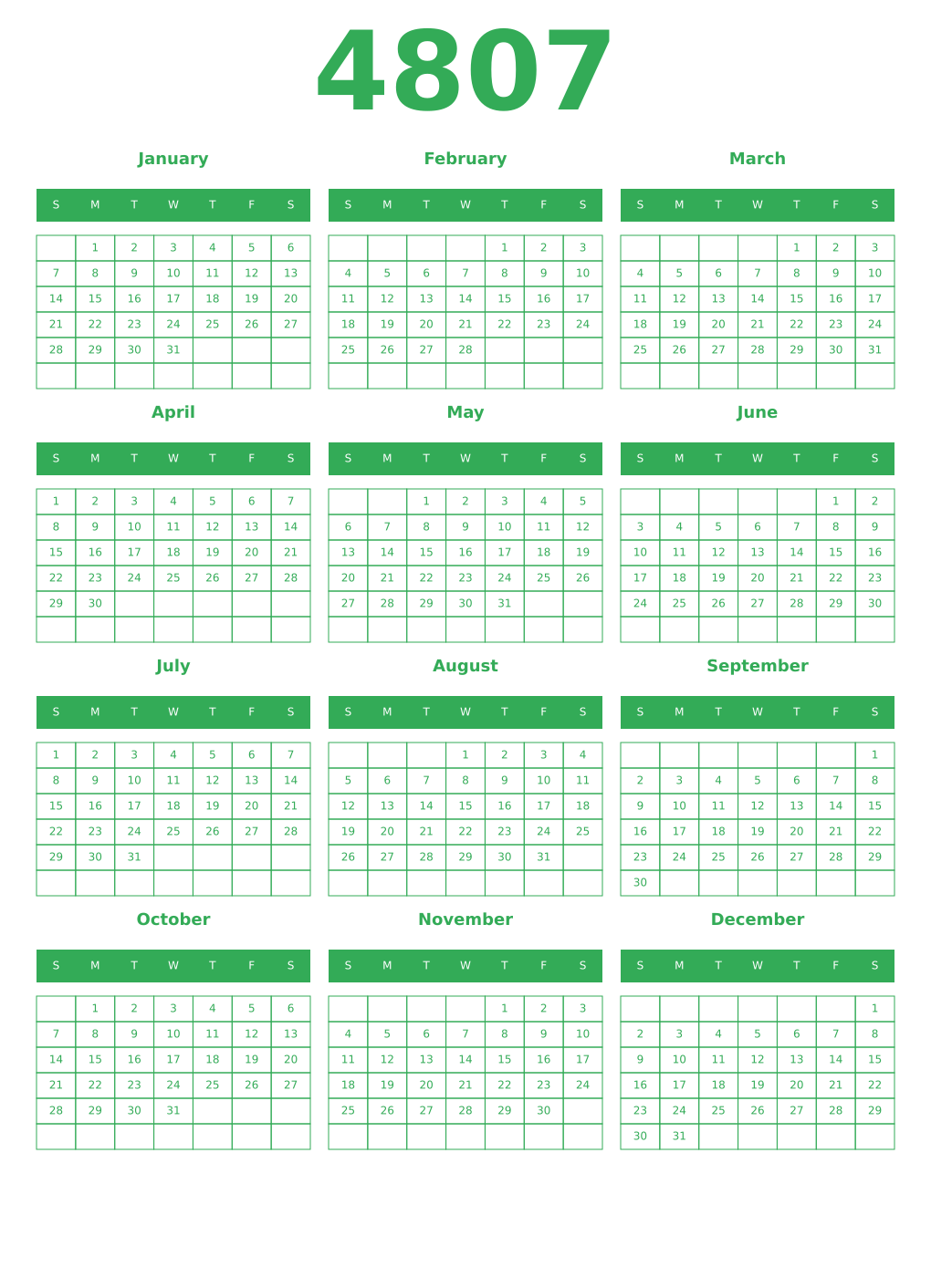 Printable 4807 Year Calendars green