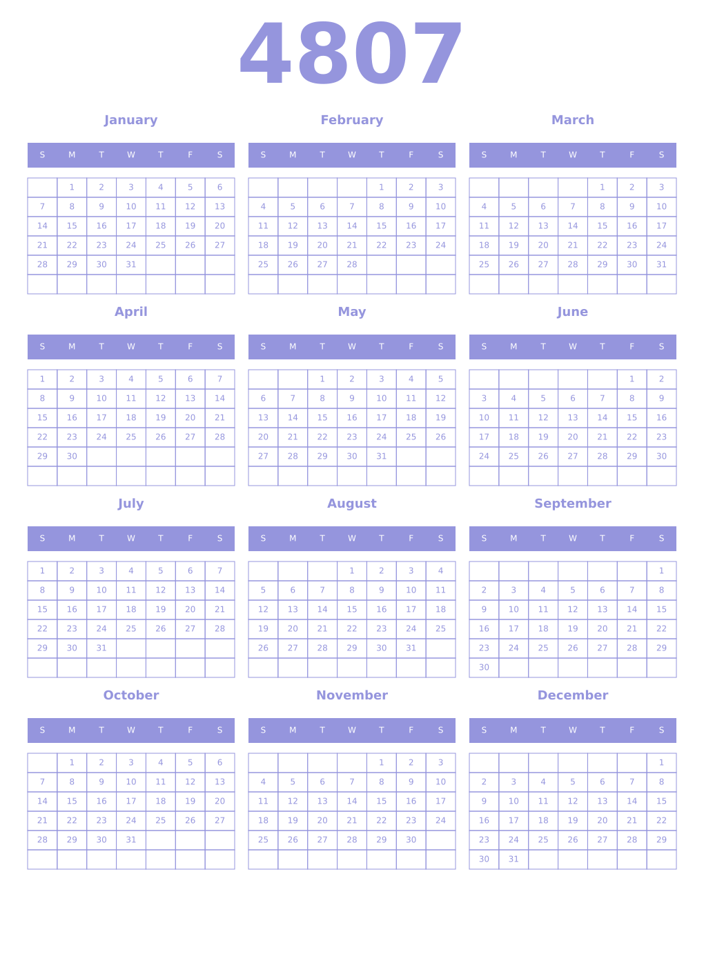Printable 4807 Year Calendars periwinkle