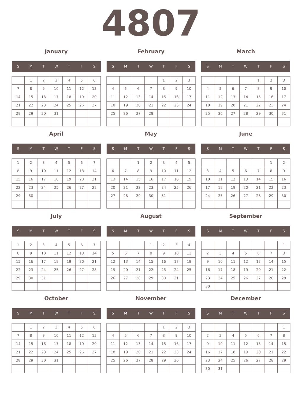 Printable 4807 Year Calendars wenge