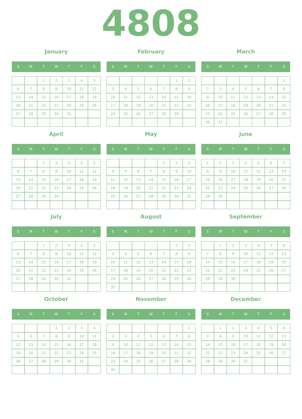 Printable 4808 Year Calendars celadon
