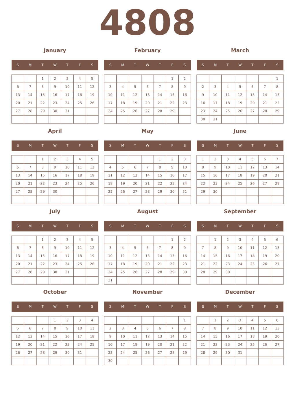 Printable 4808 Year Calendars coffe
