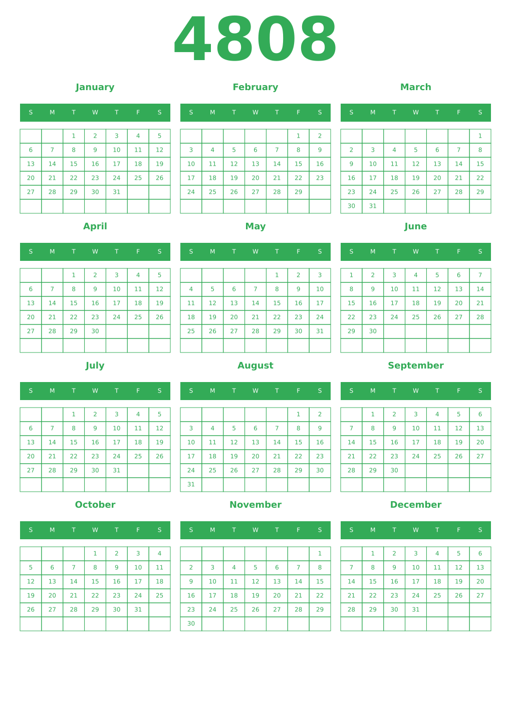 Printable 4808 Year Calendars green