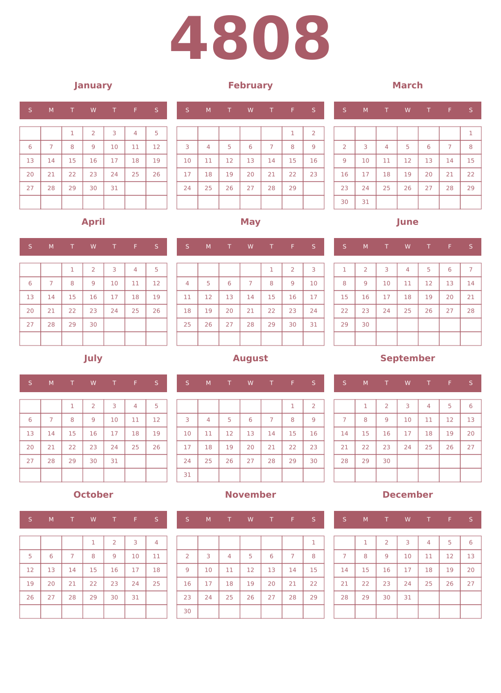 Printable 4808 Year Calendars puce