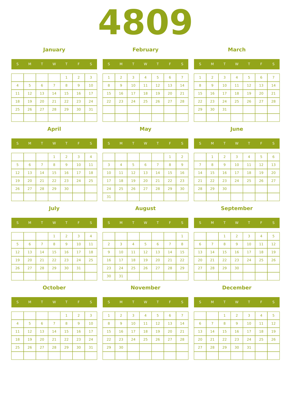 Printable 4809 Year Calendars chartreuse