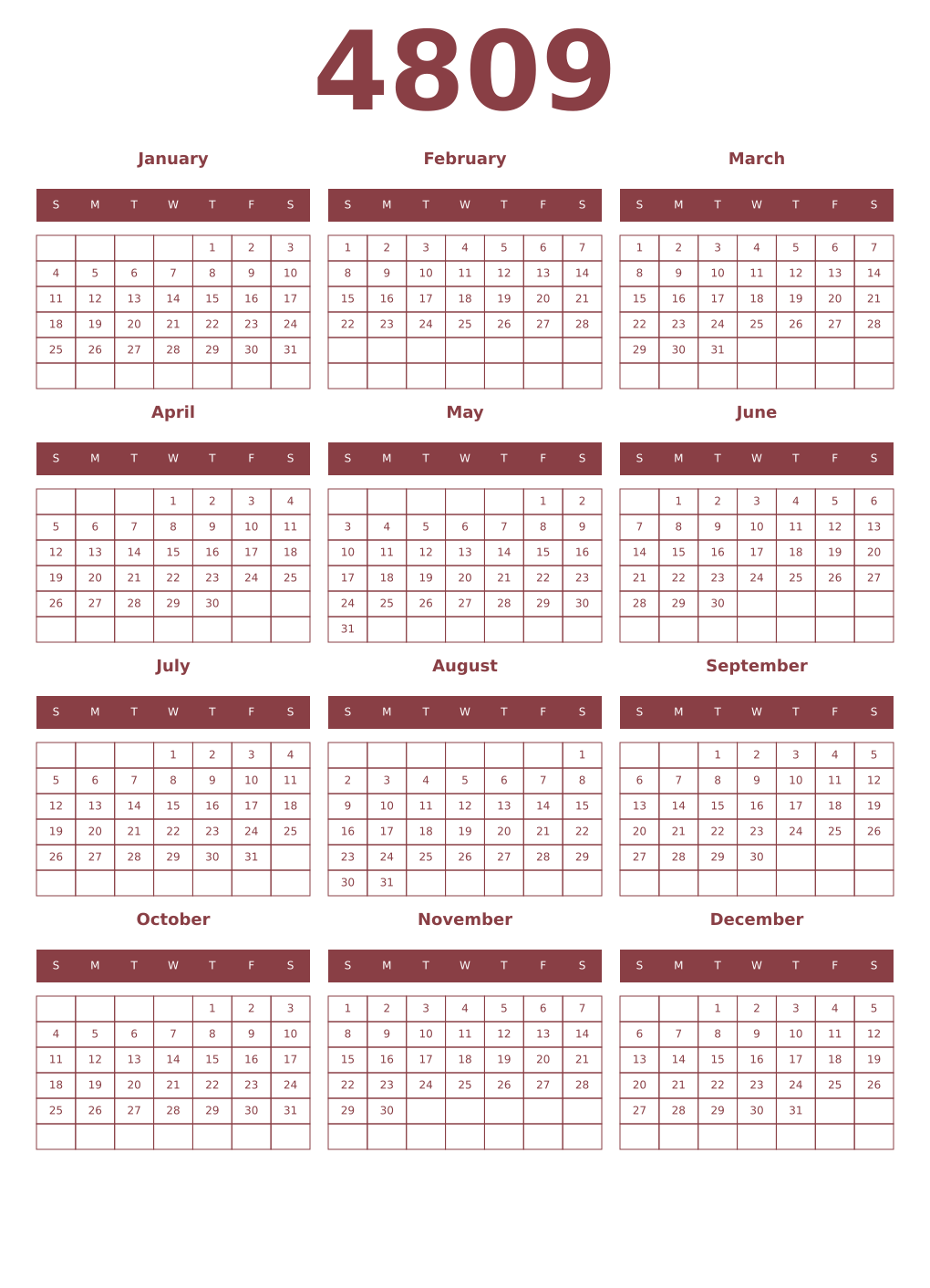 Printable 4809 Year Calendars cordovan