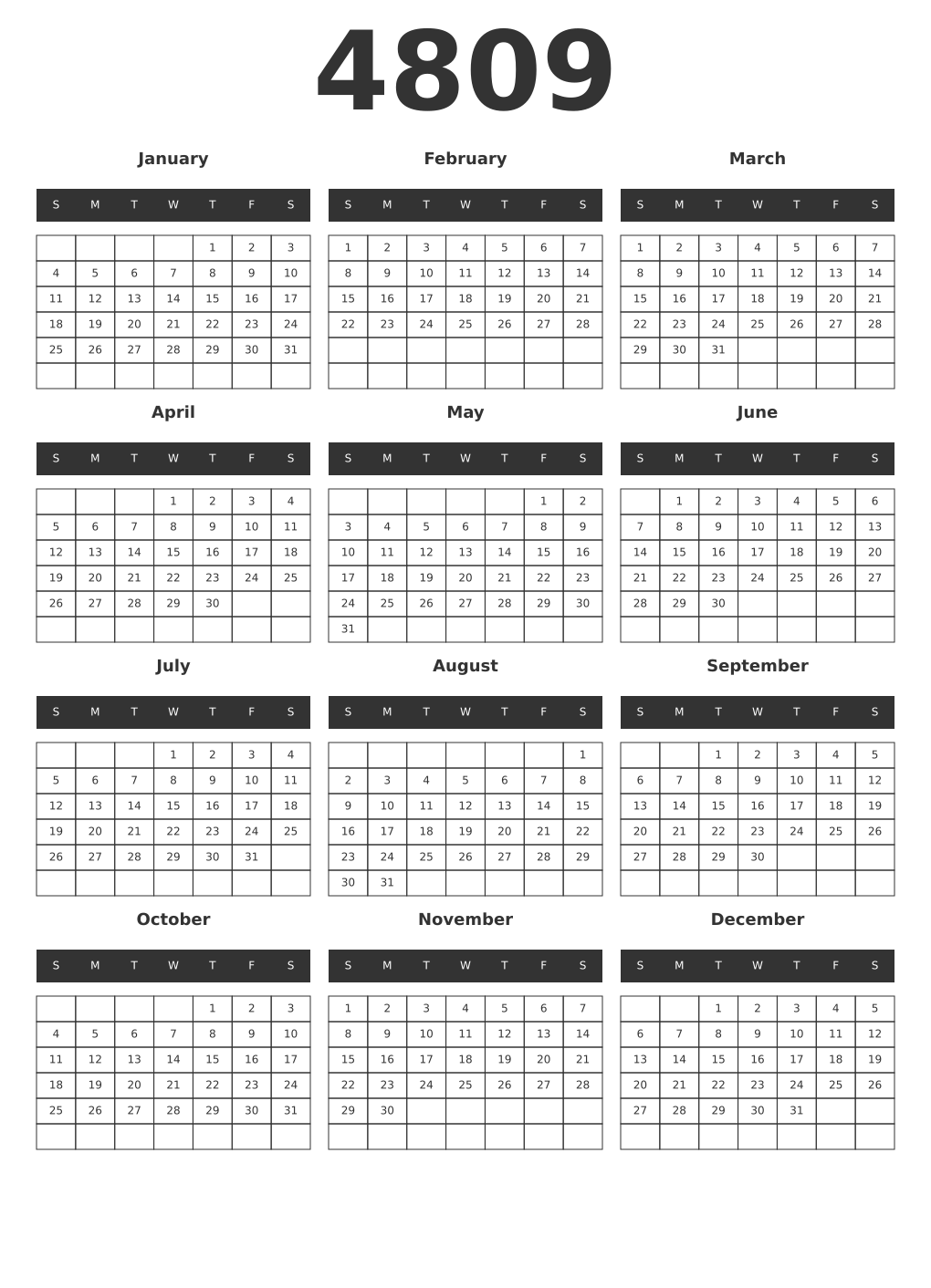 Printable 4809 Year Calendars dark