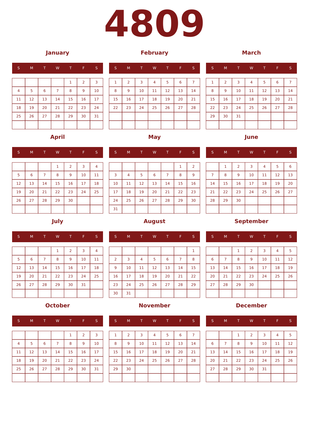 Printable 4809 Year Calendars falu