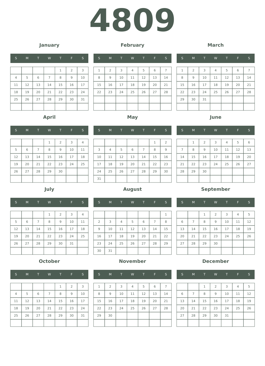 Printable 4809 Year Calendars feldgrau