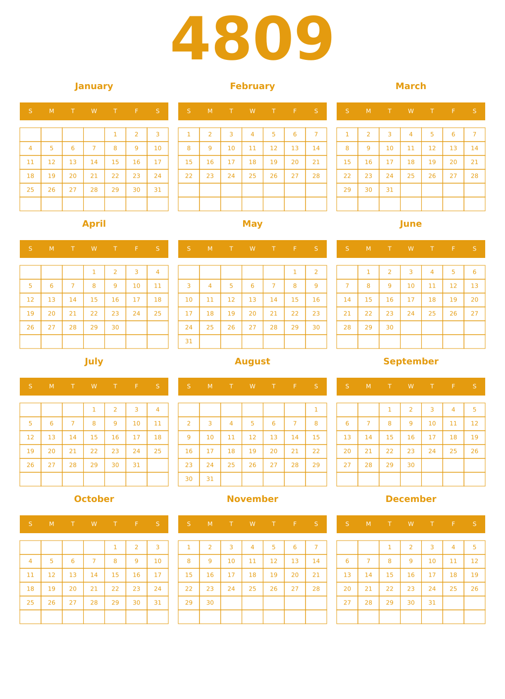 Printable 4809 Year Calendars gamboge