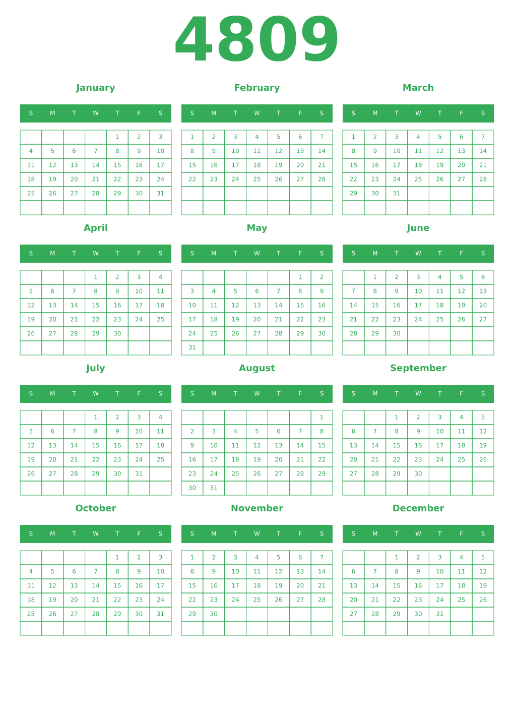 Printable 4809 Year Calendars green