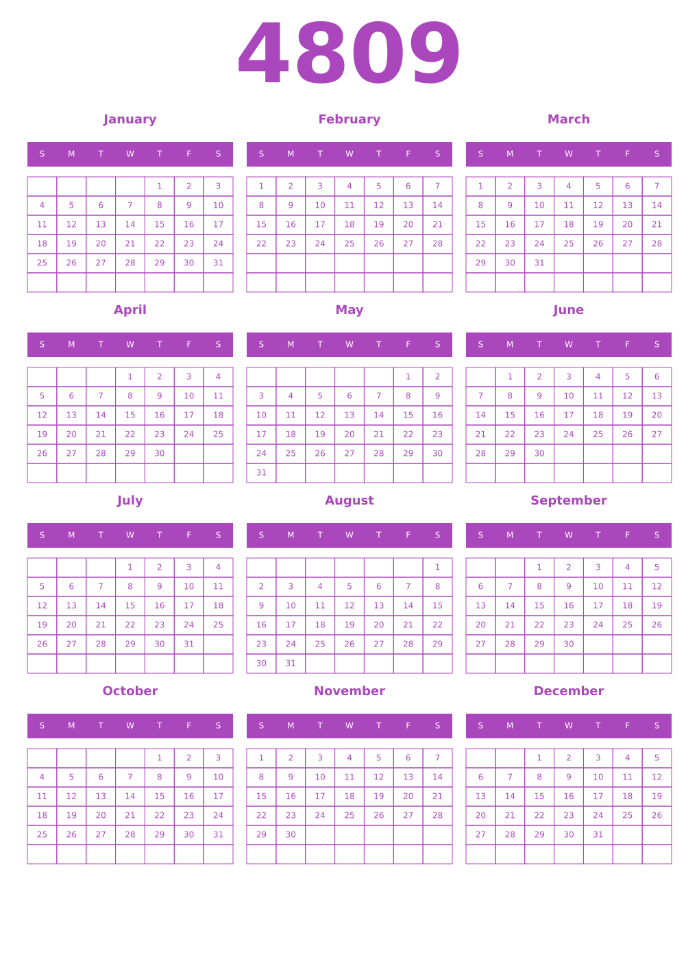 Printable 4809 Year Calendars purple
