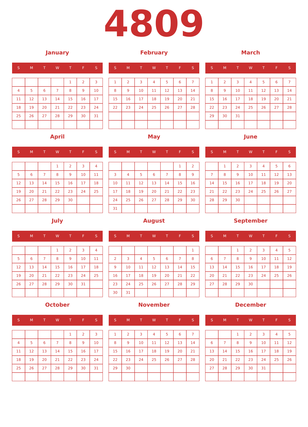 Printable 4809 Year Calendars red