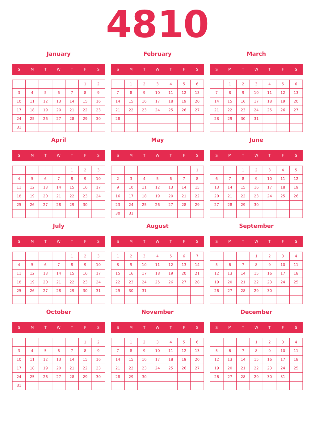 Printable 4810 Year Calendars amaranth