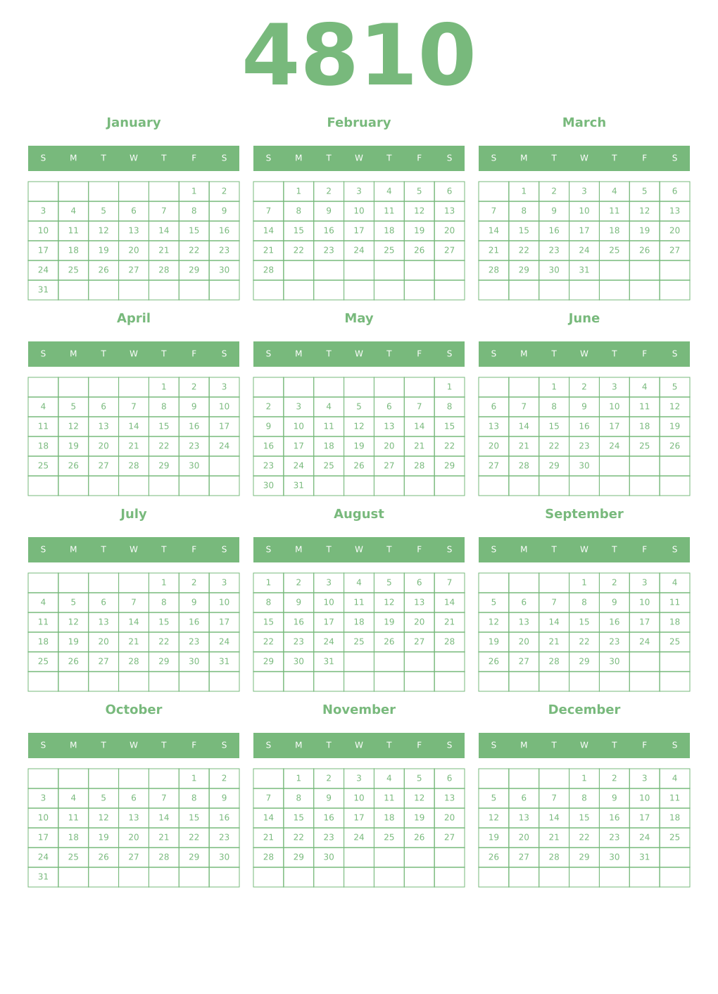 Printable 4810 Year Calendars celadon