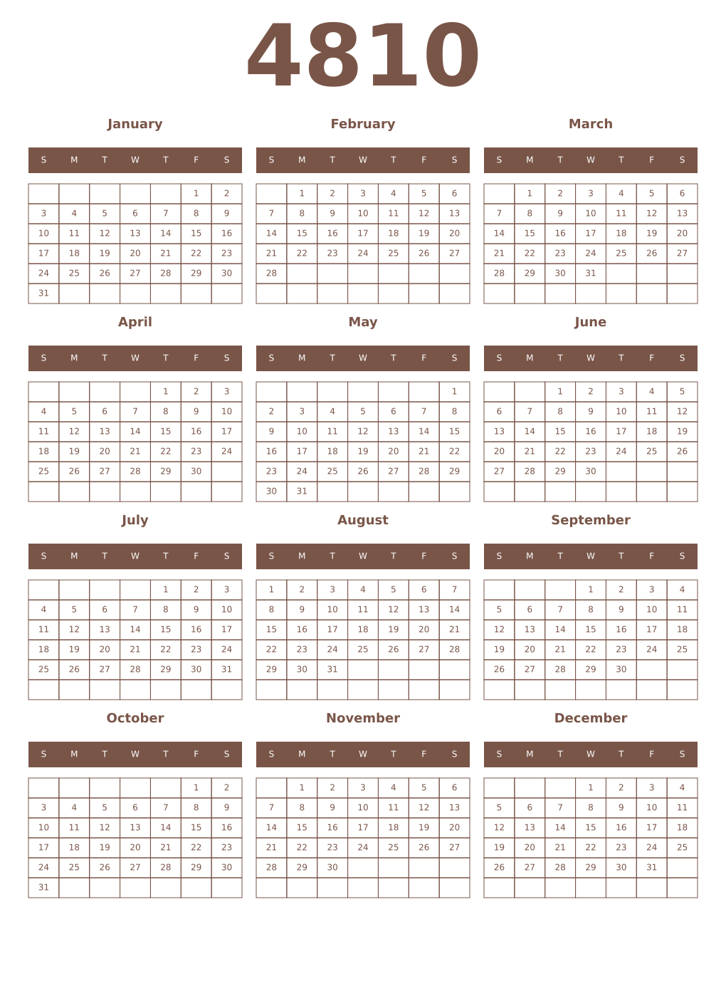 Printable 4810 Year Calendars coffe