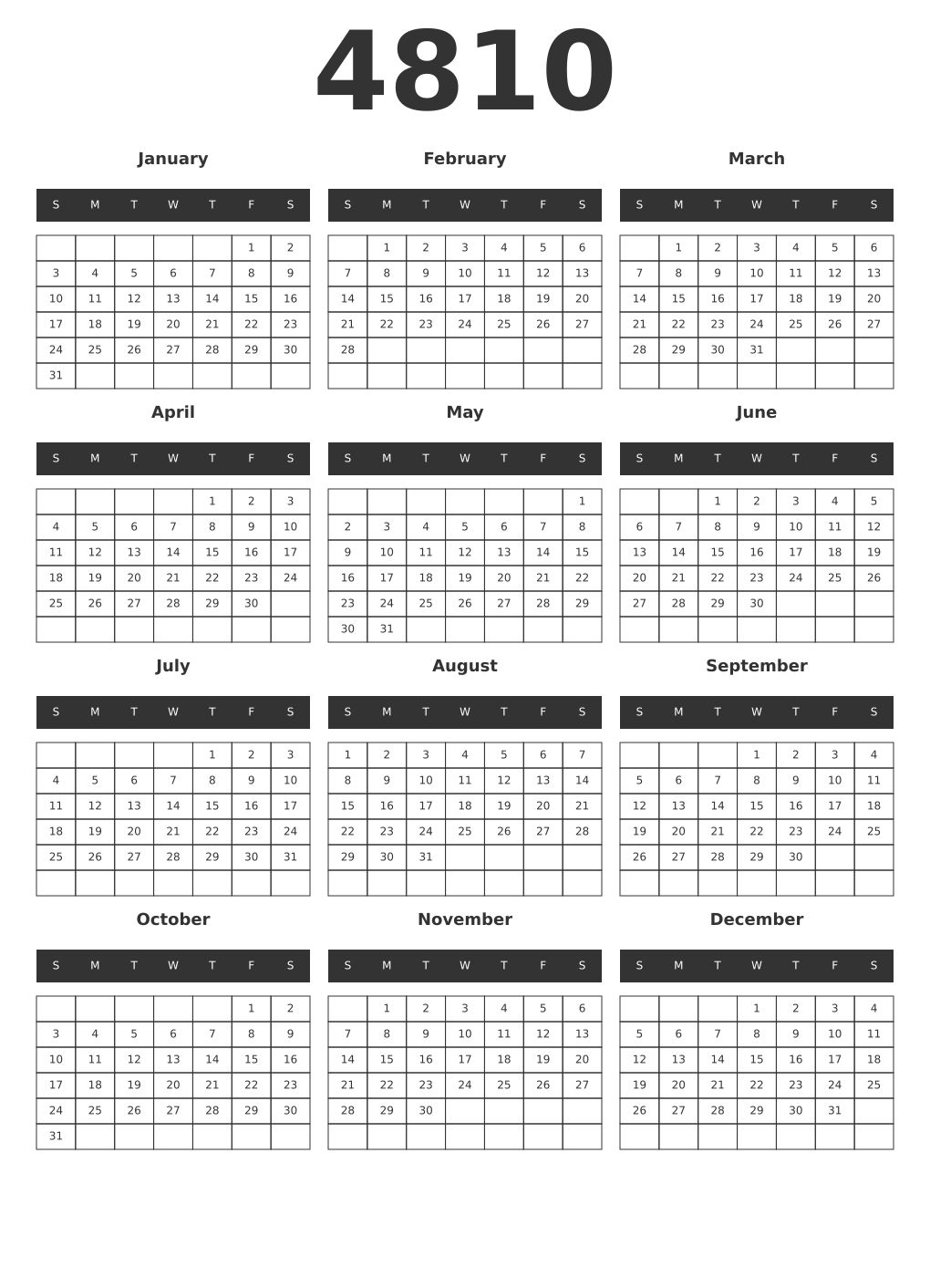 Printable 4810 Year Calendars dark