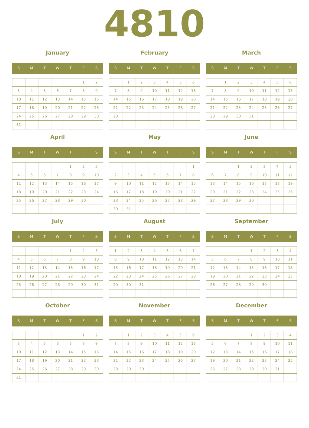 Printable 4810 Year Calendars eburnean