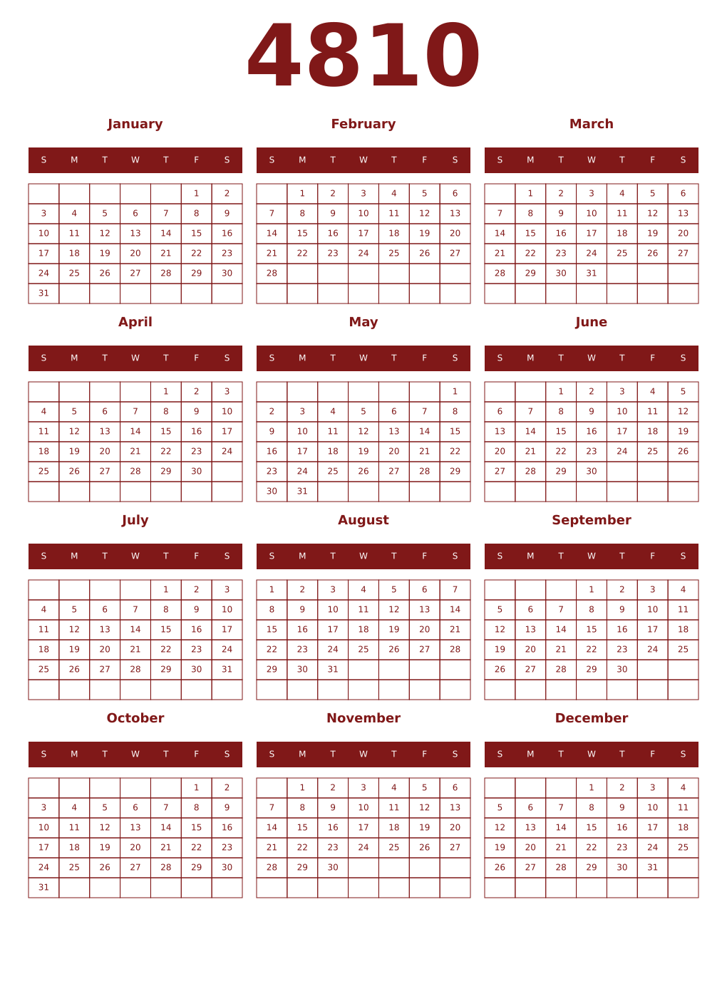 Printable 4810 Year Calendars falu