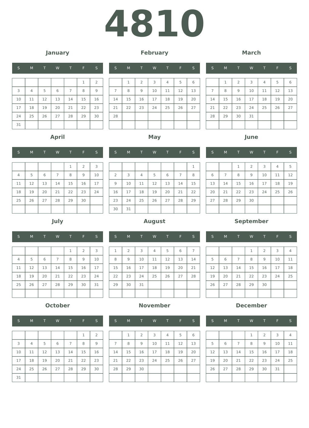 Printable 4810 Year Calendars feldgrau