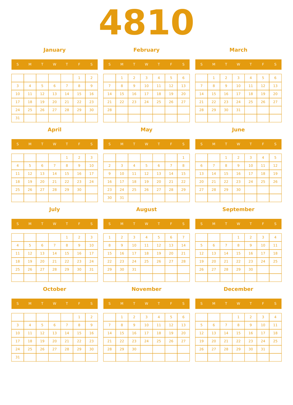Printable 4810 Year Calendars gamboge