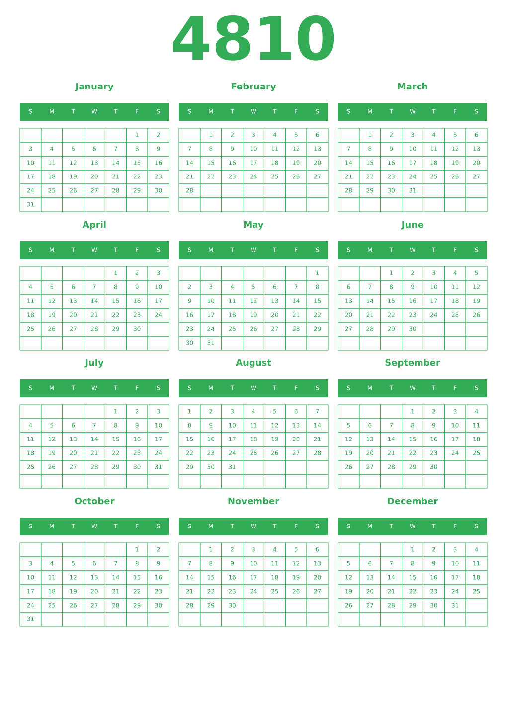 Printable 4810 Year Calendars green
