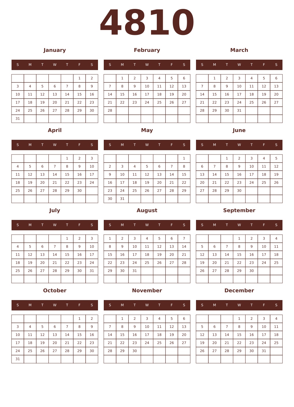 Printable 4810 Year Calendars mortuum