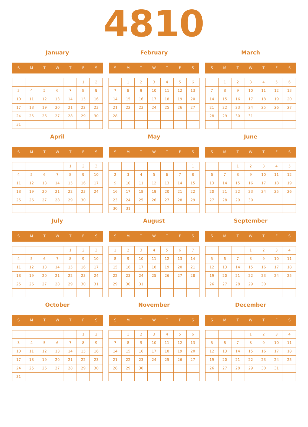Printable 4810 Year Calendars orange