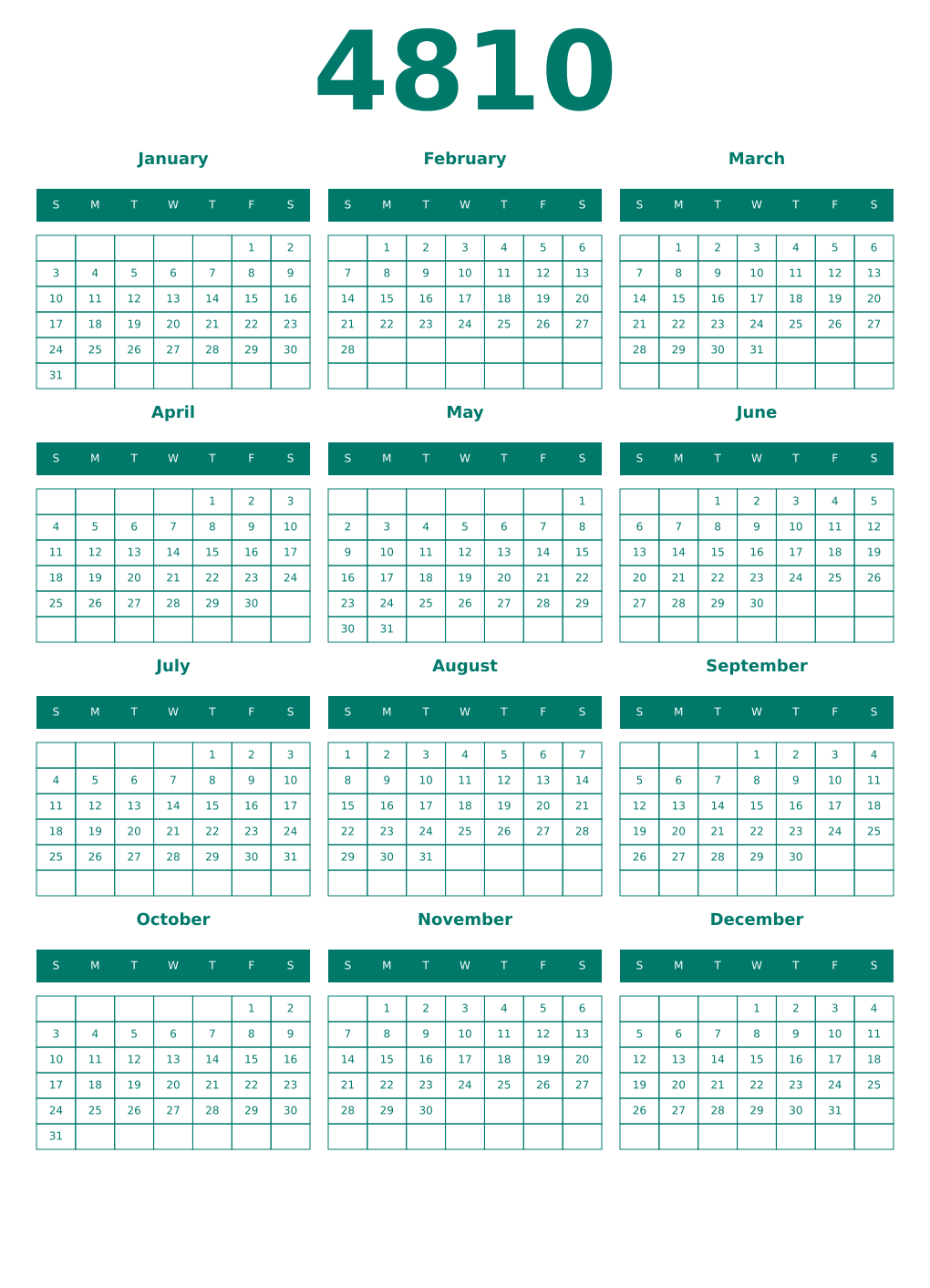 Printable 4810 Year Calendars pastel