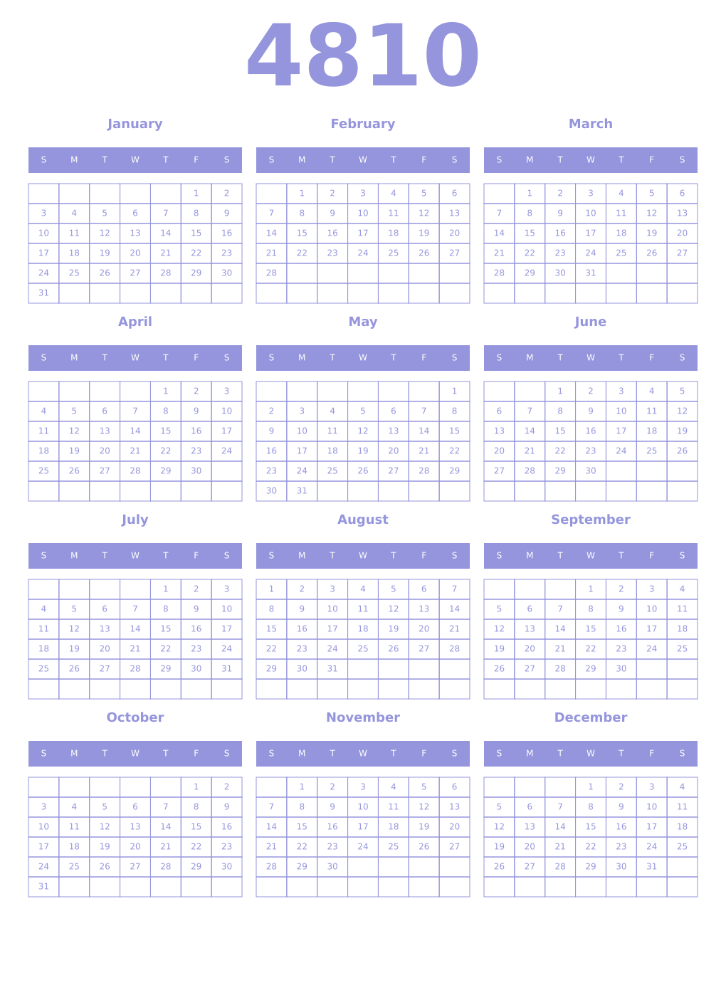 Printable 4810 Year Calendars periwinkle