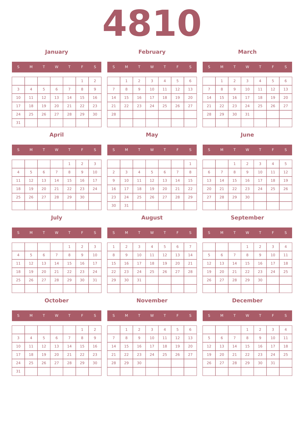 Printable 4810 Year Calendars puce