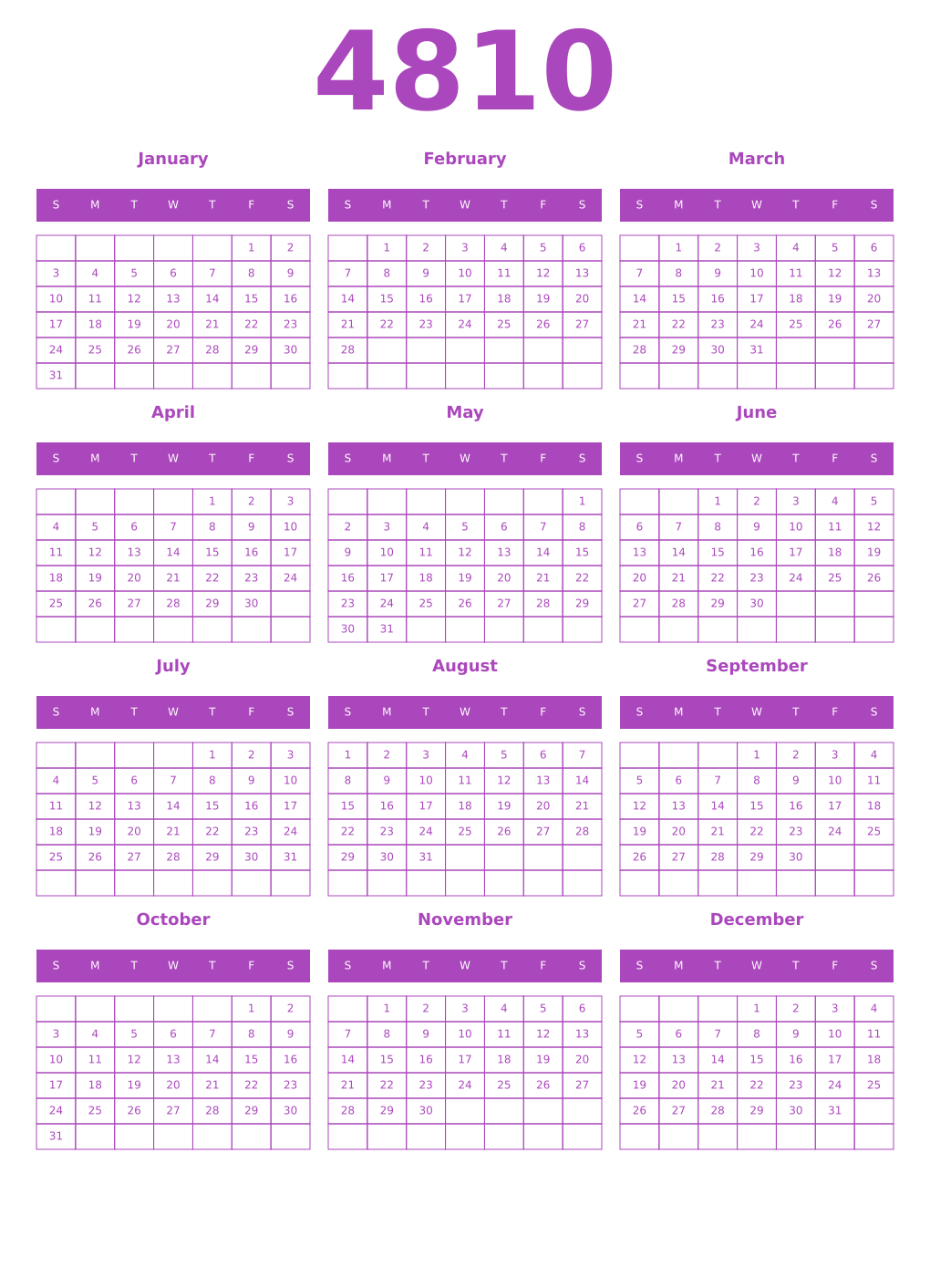 Printable 4810 Year Calendars purple