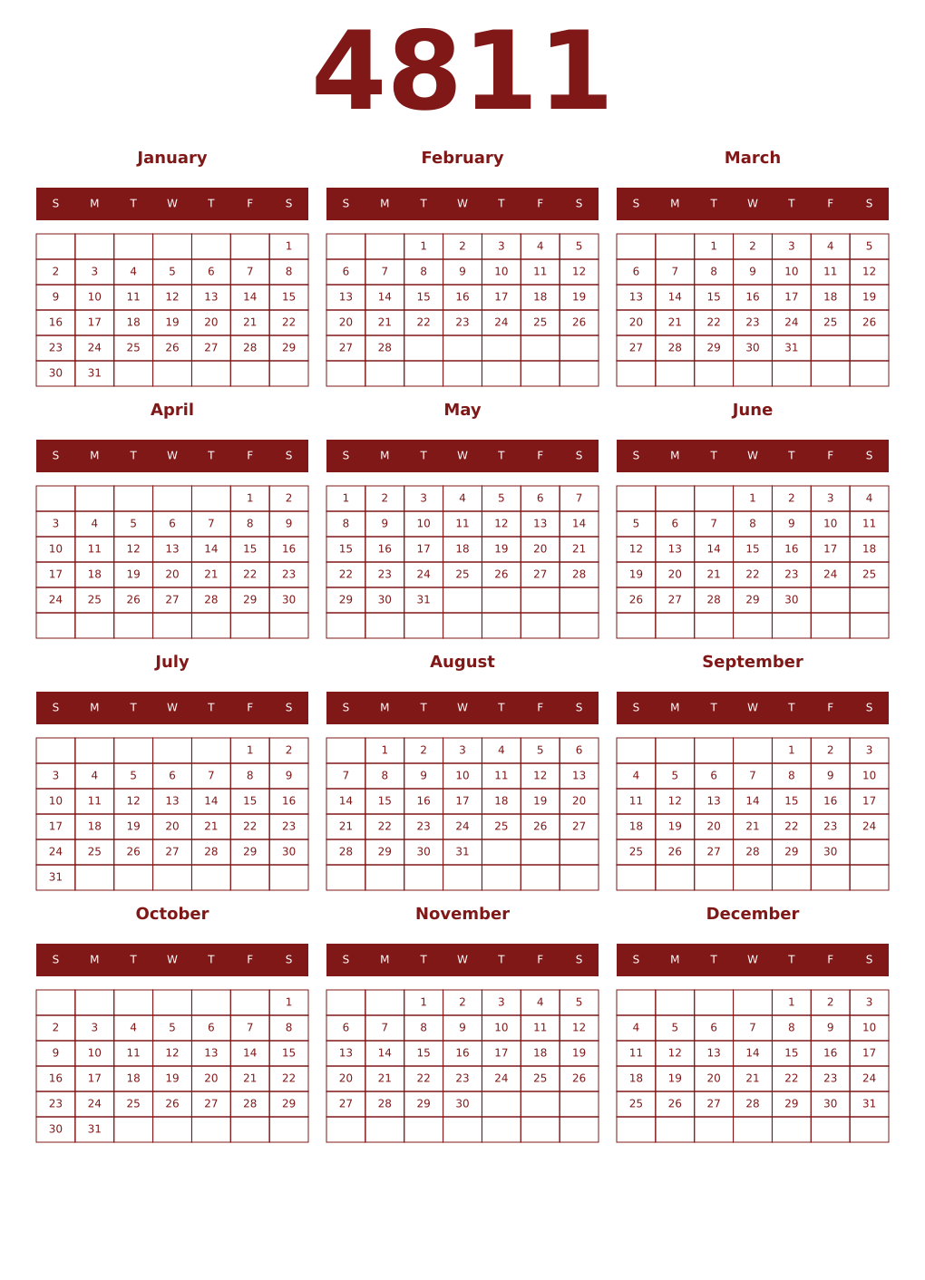 Printable 4811 Year Calendars falu