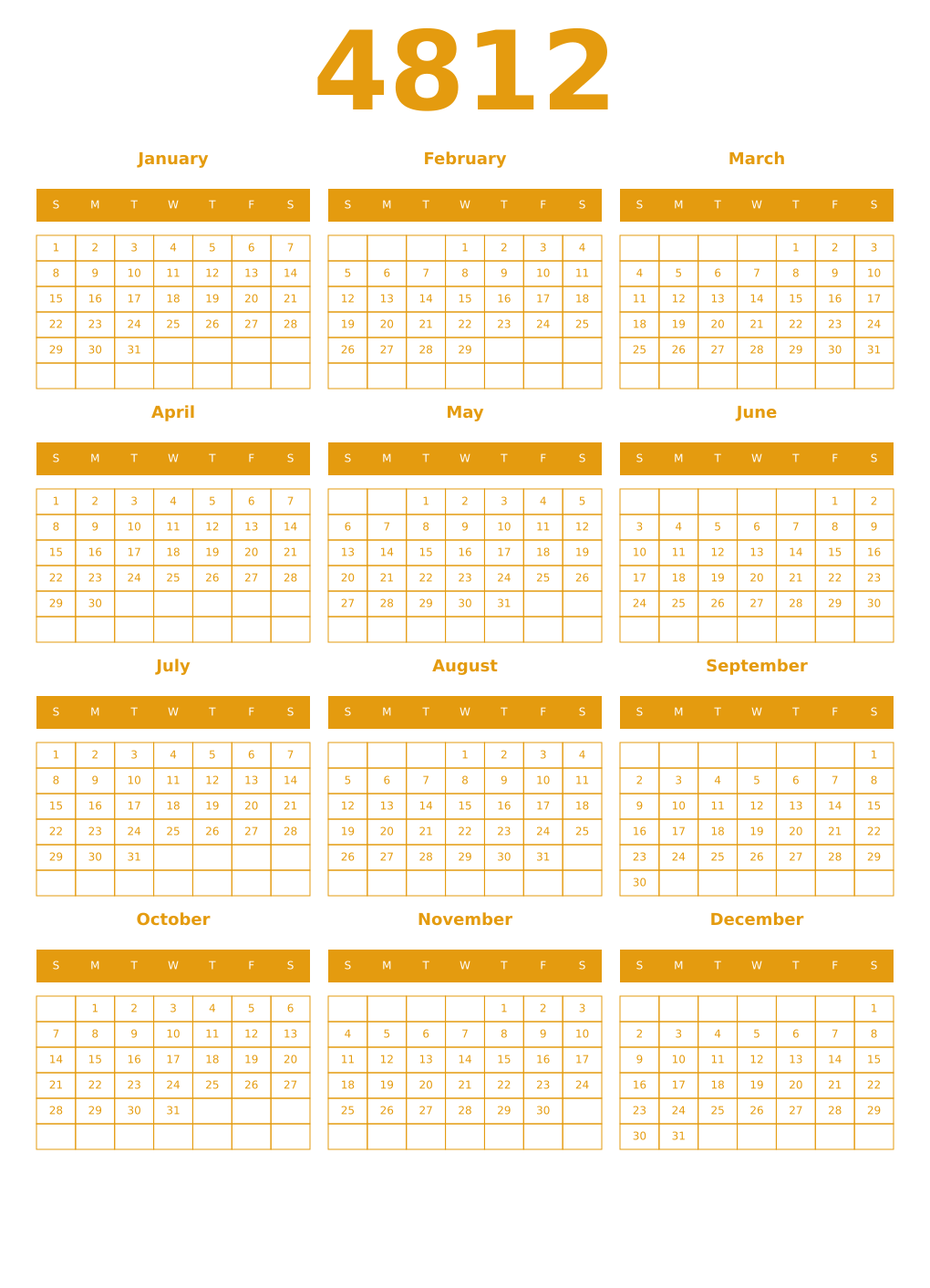 Printable 4812 Year Calendars gamboge