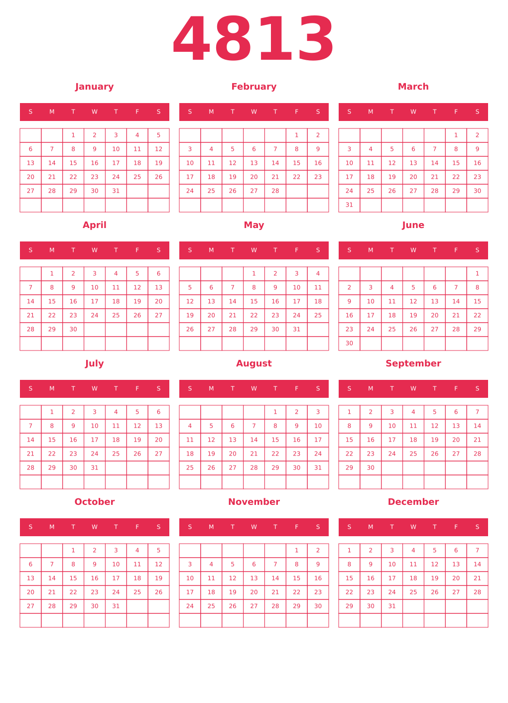 Printable 4813 Year Calendars amaranth