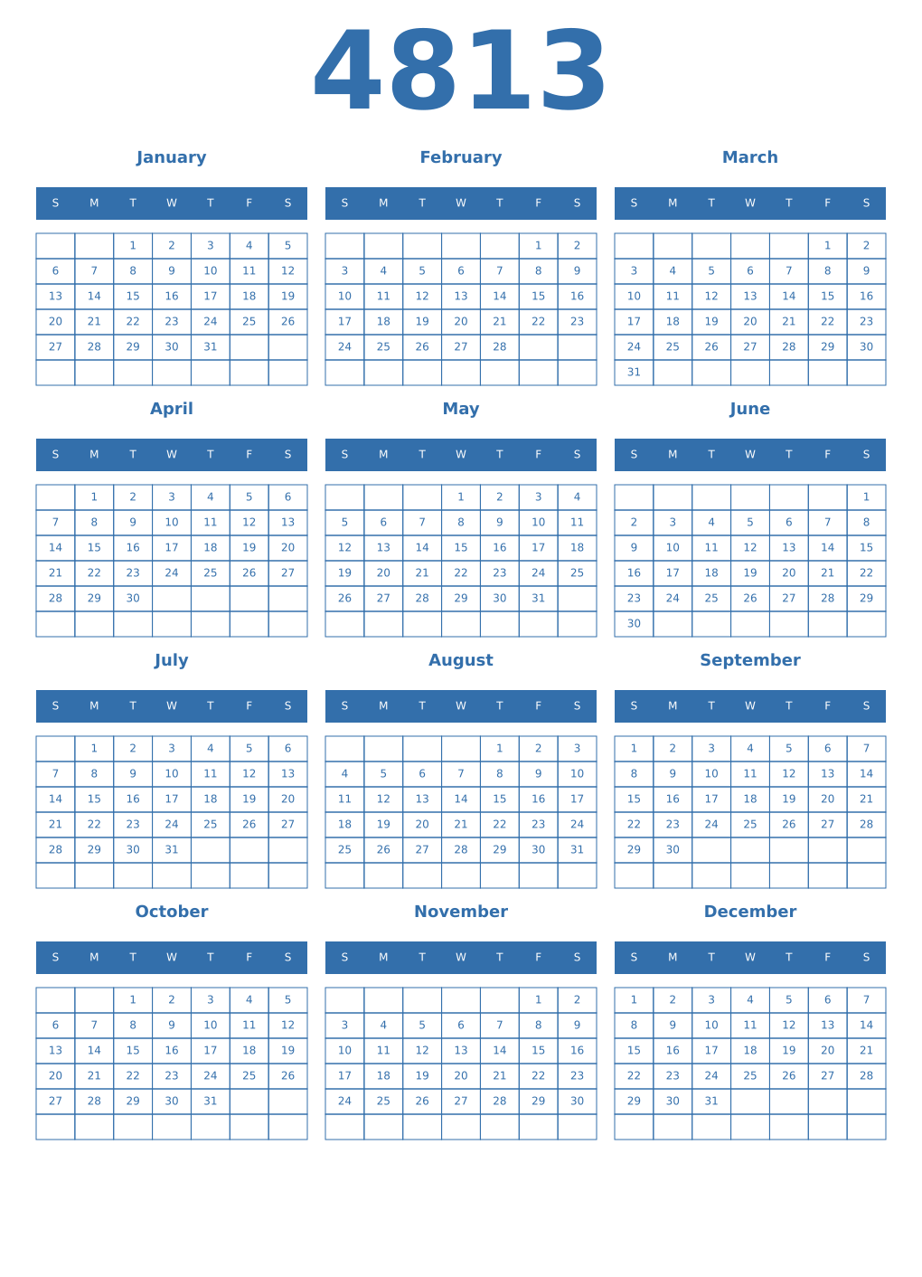 Printable 4813 Year Calendars blue