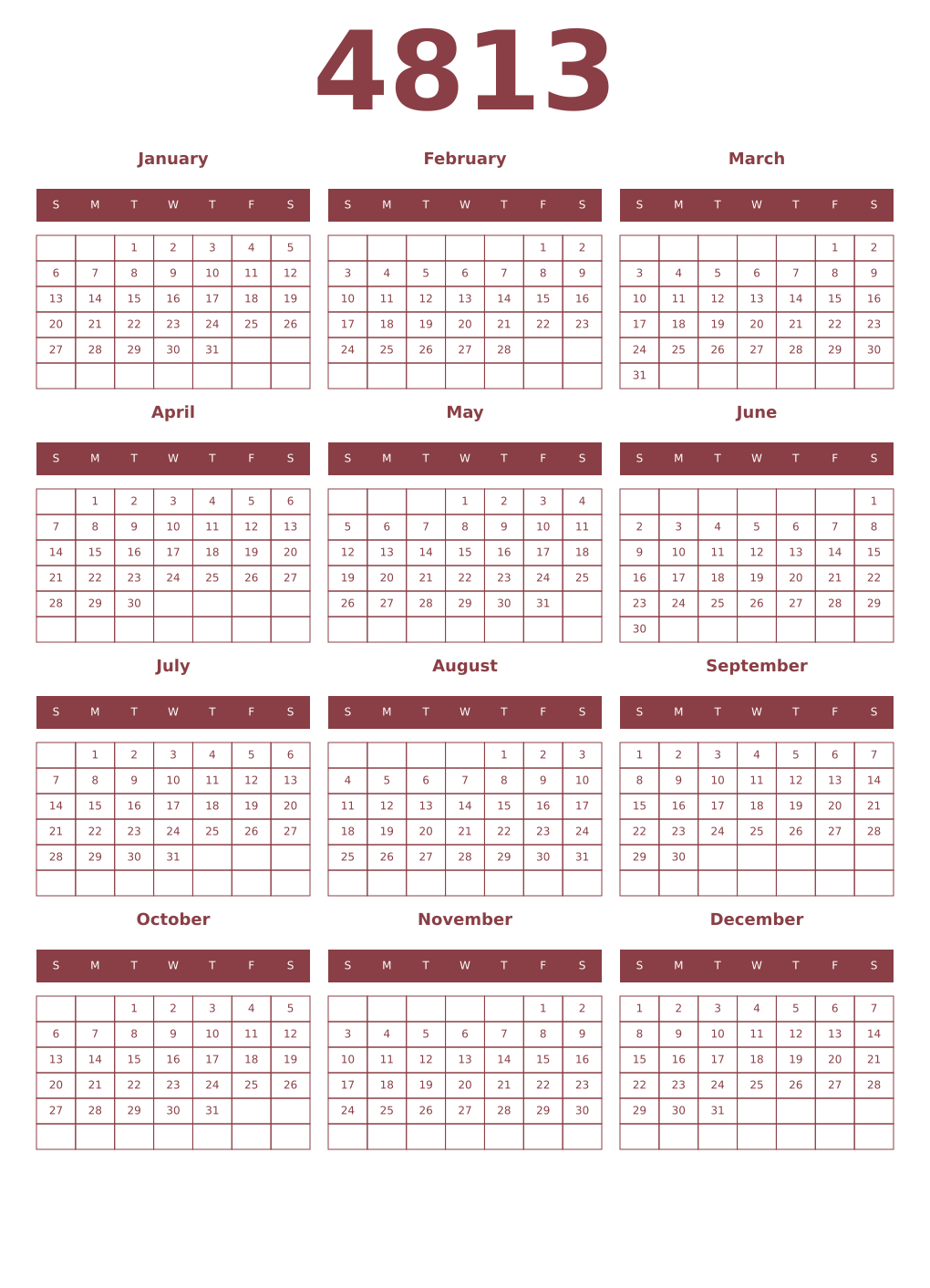 Printable 4813 Year Calendars cordovan